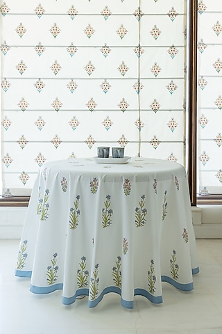 White & Blue Cotton Hand Block Print Table Cover by ADYA