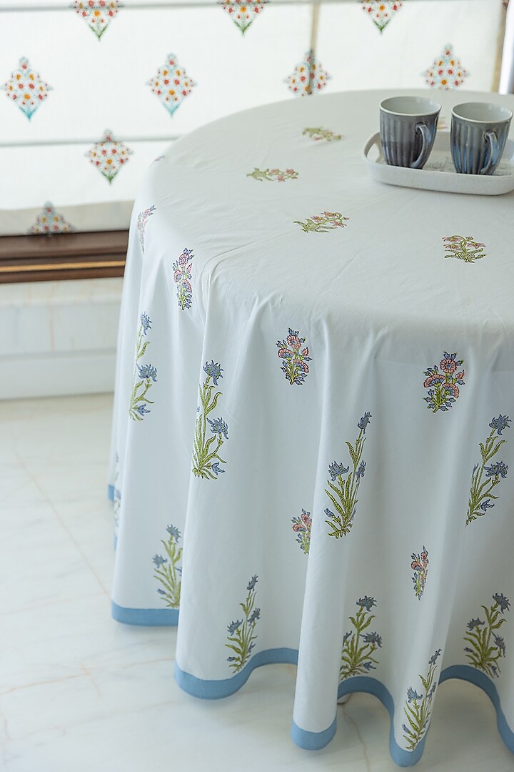 White & Blue Cotton Hand Block Print Table Cover by ADYA at Pernia's Pop Up Shop