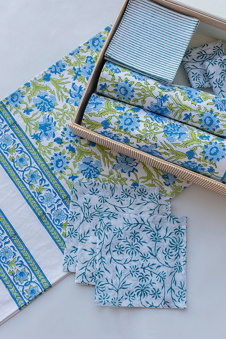 Lime Yellow Canvas Cotton Hand Block Printed Wildflower Table Mat Set by ADYA at Pernia's Pop Up Shop