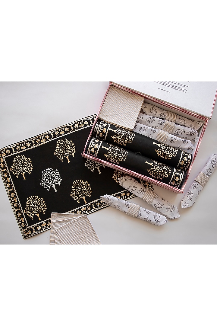 Black Canvas Cotton Hand Block Printed Knight Glitter Table Mat Set by ADYA at Pernia's Pop Up Shop