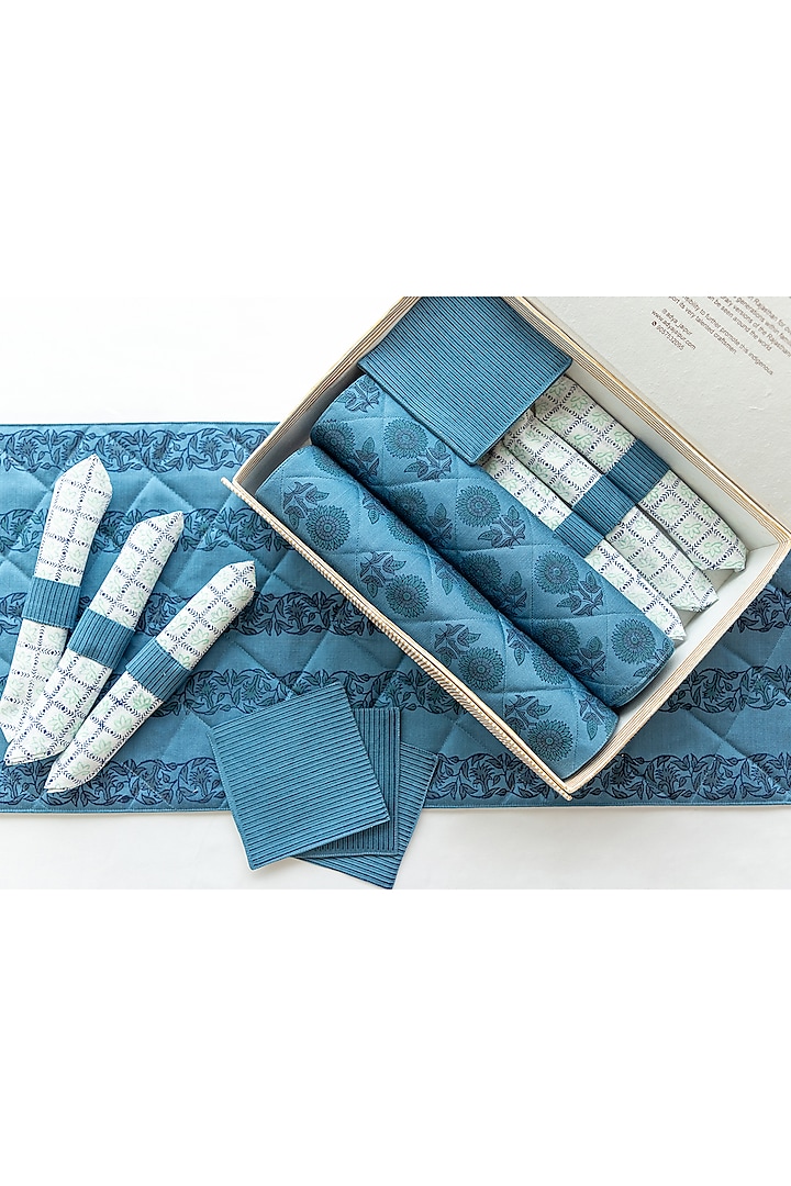 Blue Canvas Cotton Hand Block Printed Sunflower Quilted Table Mat Set by ADYA at Pernia's Pop Up Shop