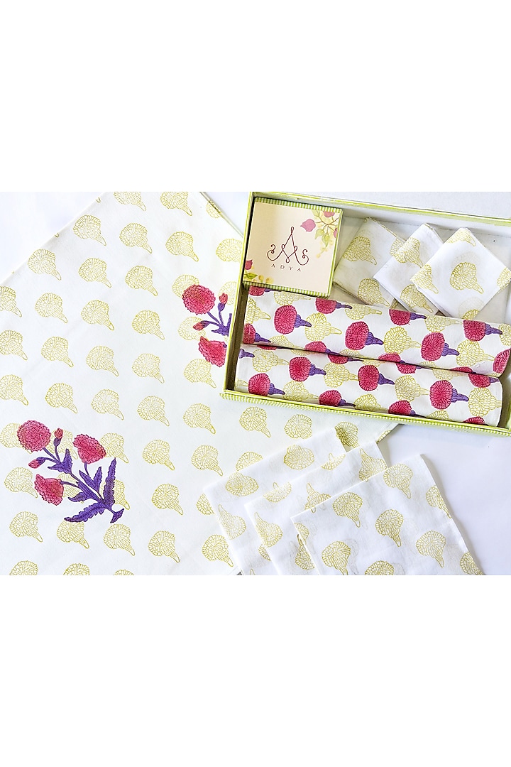 White Canvas Cotton Hand Block Printed Marigold Blush Table Mat Set by ADYA at Pernia's Pop Up Shop