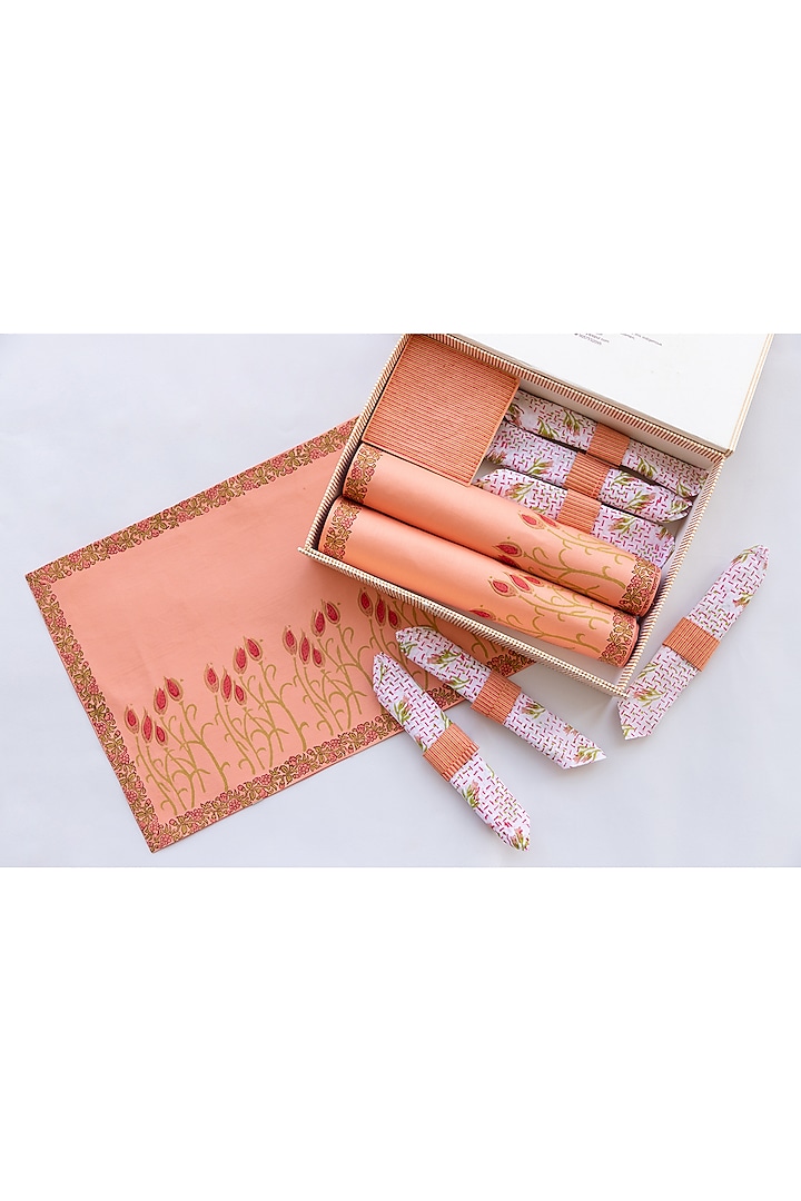 Peach Canvas Cotton Hand Block Printed Blooming Paradise Table Mat Set by ADYA at Pernia's Pop Up Shop