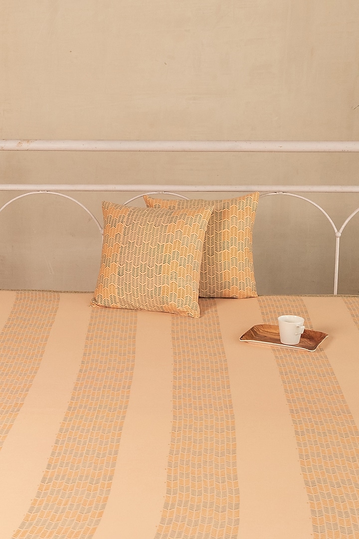 Peach Cotton Satin Geometric Printed Bedcover (Set Of 3) by ADYA at Pernia's Pop Up Shop