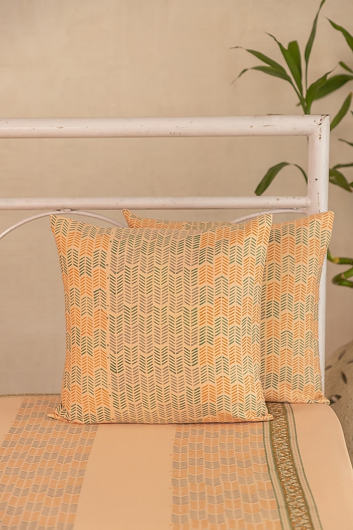 Peach Cotton Satin Geometric Printed Bedcover (Set Of 3) by ADYA at Pernia's Pop Up Shop