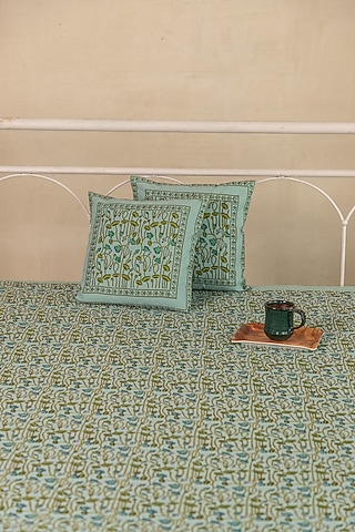 Blue Cotton Floral Printed Bedcover (Set Of 3)
 by ADYA