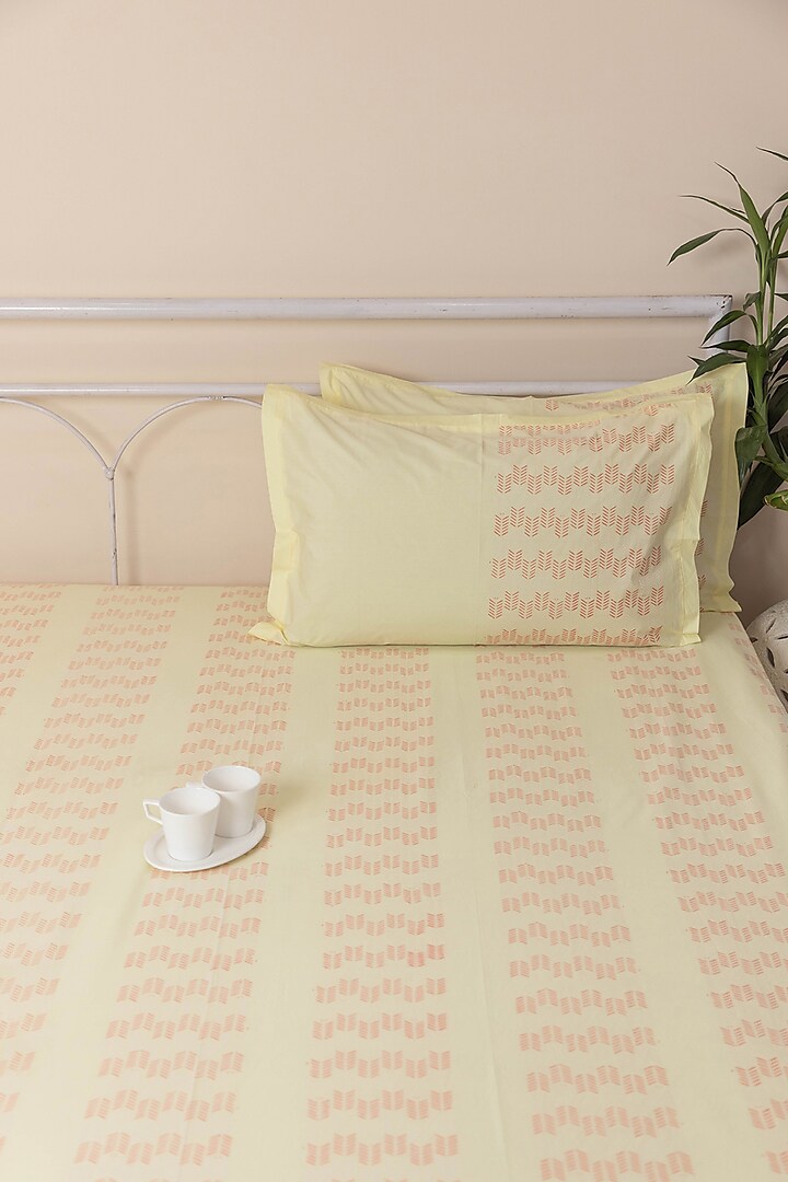 Light Yellow Cotton Abstract Printed Bedcover (Set Of 3) by ADYA at Pernia's Pop Up Shop