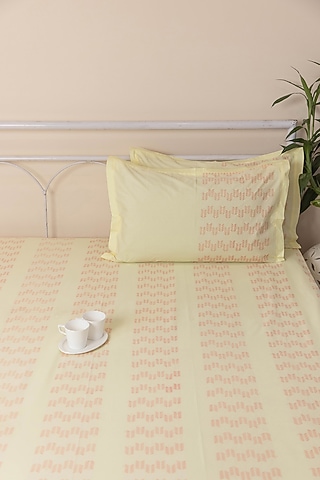 Light Yellow Cotton Abstract Printed Bedcover (Set Of 3) by ADYA