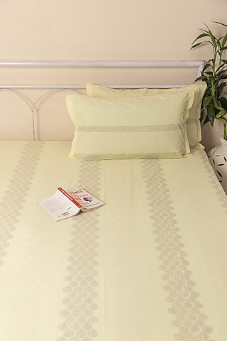 Light Yellow Cotton Honeycomb Printed Bedcover (Set Of 3) by ADYA