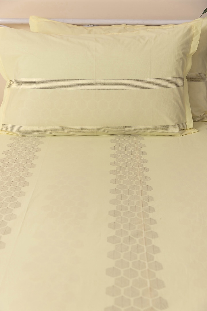 Light Yellow Cotton Honeycomb Printed Bedcover (Set Of 3) by ADYA at Pernia's Pop Up Shop