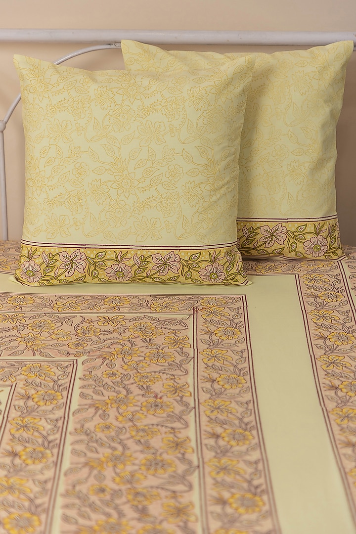 Light Yellow Cotton Floral Printed Bedcover (Set Of 3) by ADYA at Pernia's Pop Up Shop