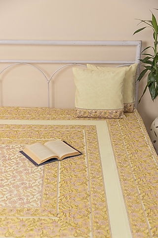 Light Yellow Cotton Floral Printed Bedcover (Set Of 3) by ADYA