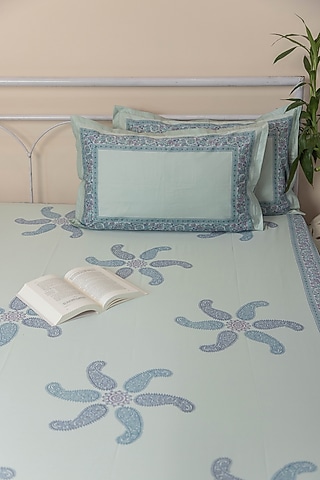 Blue Cotton Floral Printed Bedcover (Set Of 3)
 by ADYA