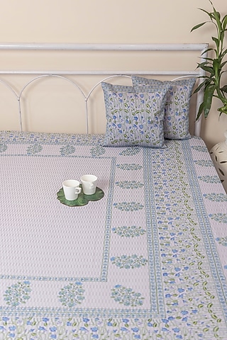 Blue Cotton Floral Printed Bedcover (Set Of 3)
 by ADYA
