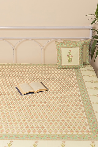 Light Yellow Cotton Floral Printed Bedcover (Set Of 3) by ADYA