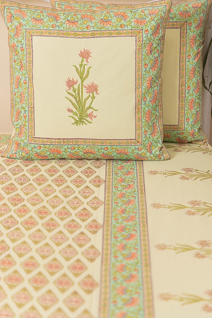 Light Yellow Cotton Floral Printed Bedcover (Set Of 3) by ADYA at Pernia's Pop Up Shop