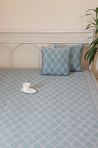 Blue Cotton Traditional Printed Bedcover (Set Of 3) by ADYA