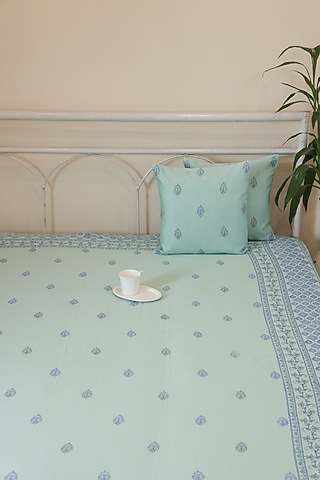 Blue Cotton Floral Printed Bedcover (Set Of 3)
 by ADYA