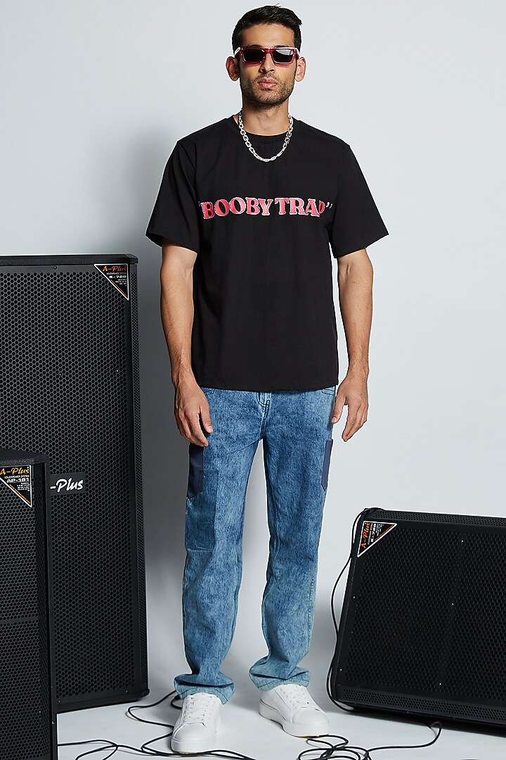 Black Cotton Graphic Printed & Hand Embellished Oversized T-Shirt by ADK by Avishi Dayal Kalra at Pernia's Pop Up Shop