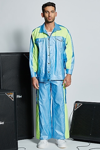 Blue Polyester Color Blocked Jacket Set by ADK by Avishi Dayal Kalra