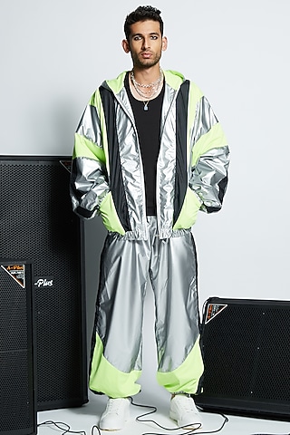 Silver Polyester Color Blocked Oversized Jacket Set by ADK by Avishi Dayal Kalra