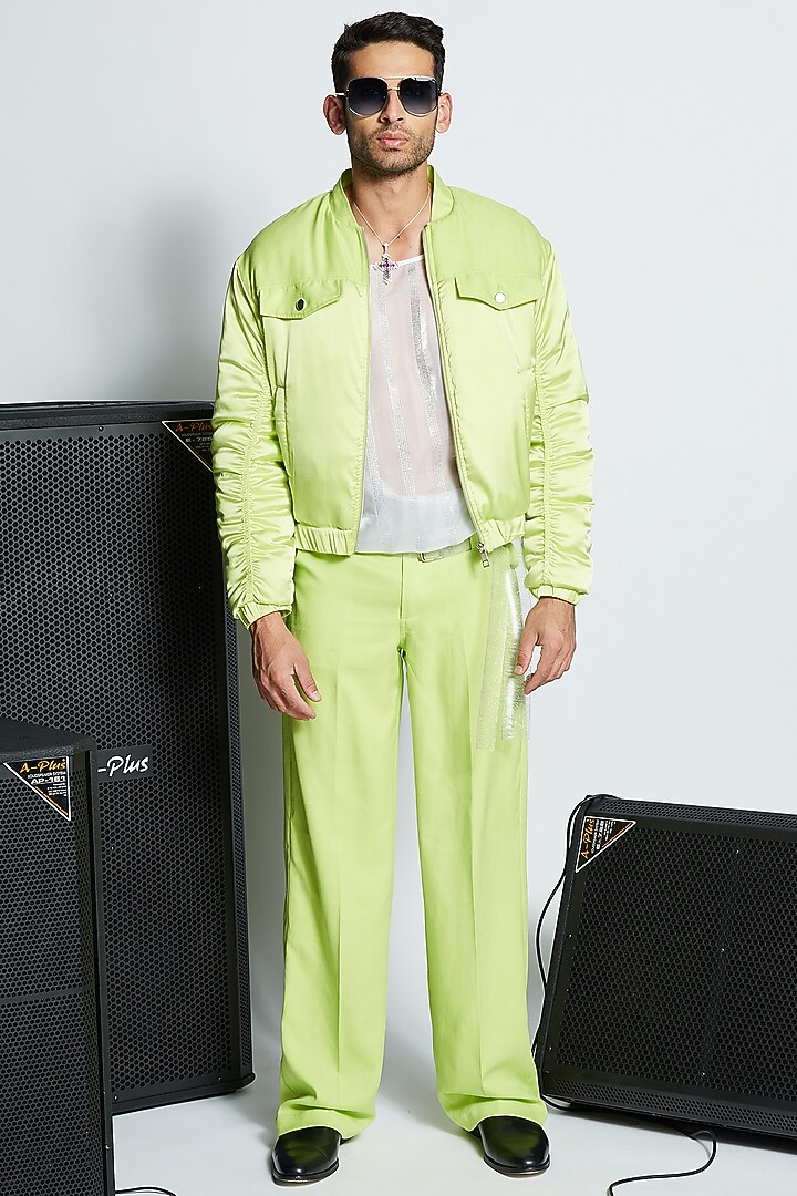 Green Polyester Bomber Jacket by ADK by Avishi Dayal Kalra at Pernia's Pop Up Shop