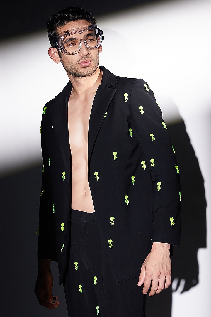 Black Cotton Embellished Blazer Set by ADK by Avishi Dayal Kalra at Pernia's Pop Up Shop
