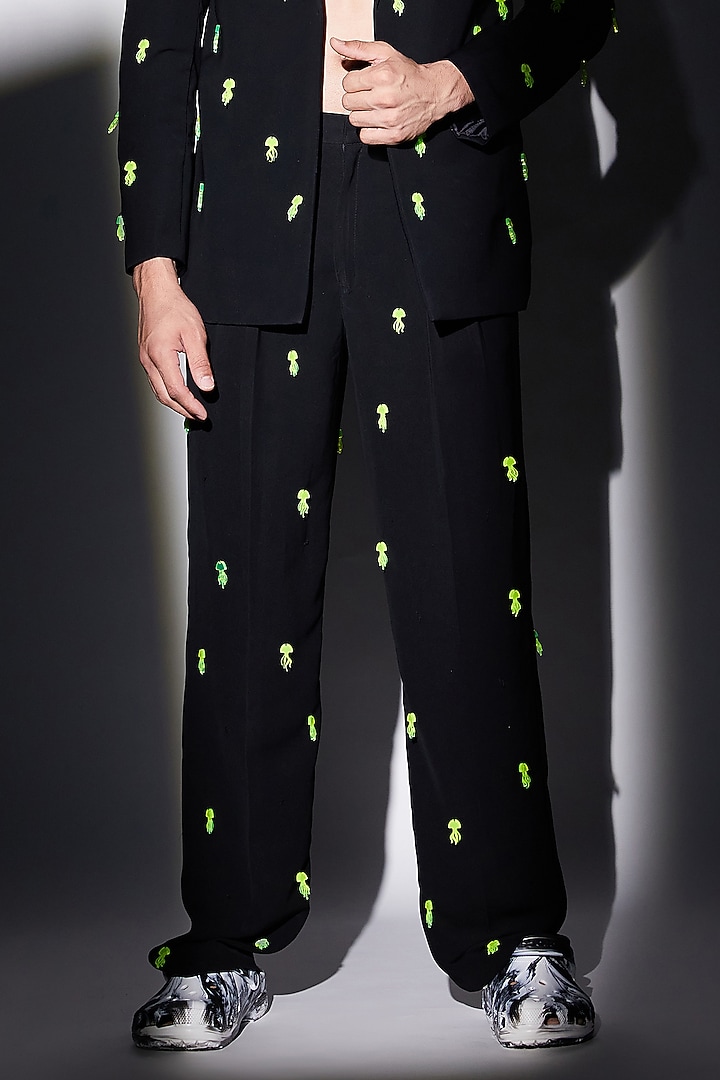 Black Cotton Embellished Straight Pants by ADK by Avishi Dayal Kalra at Pernia's Pop Up Shop