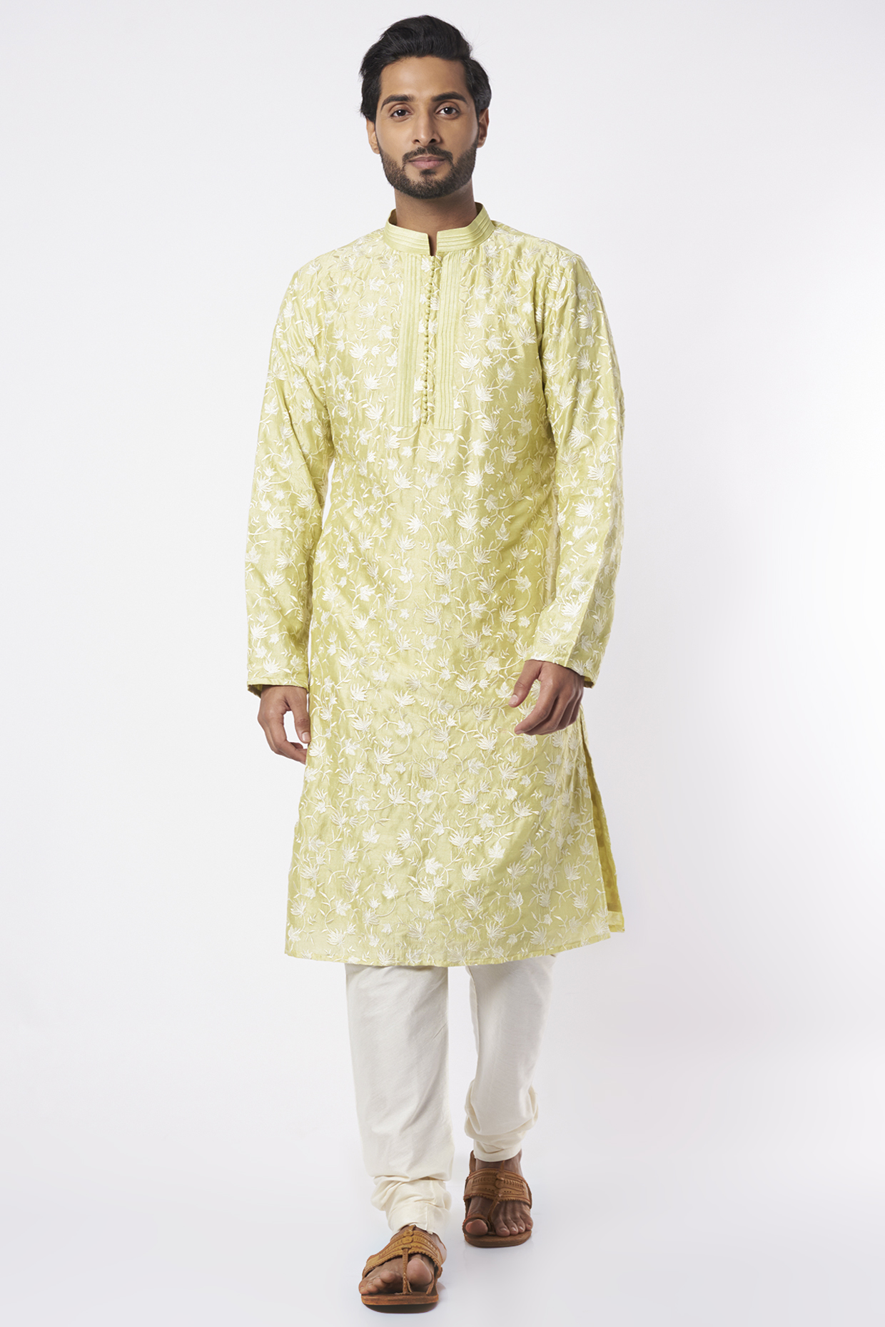 Lime Embroidered Kurta Set by Adah Men