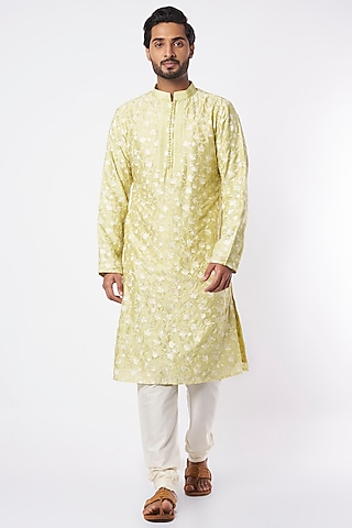 Lime Embroidered Kurta Set by Adah Men