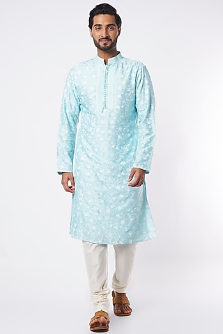 Mint Blue Embroidered Kurta Set by Adah Men