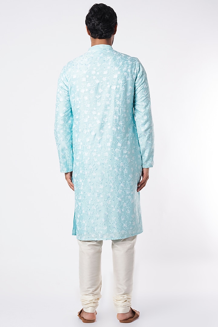 Mint Blue Embroidered Kurta Set by Adah Men at Pernia's Pop Up Shop