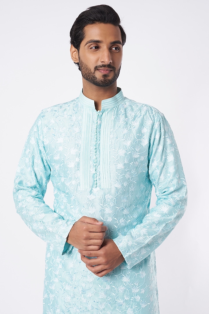 Mint Blue Embroidered Kurta Set by Adah Men at Pernia's Pop Up Shop