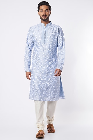 Sky Blue Embroidered Kurta Set by Adah Men