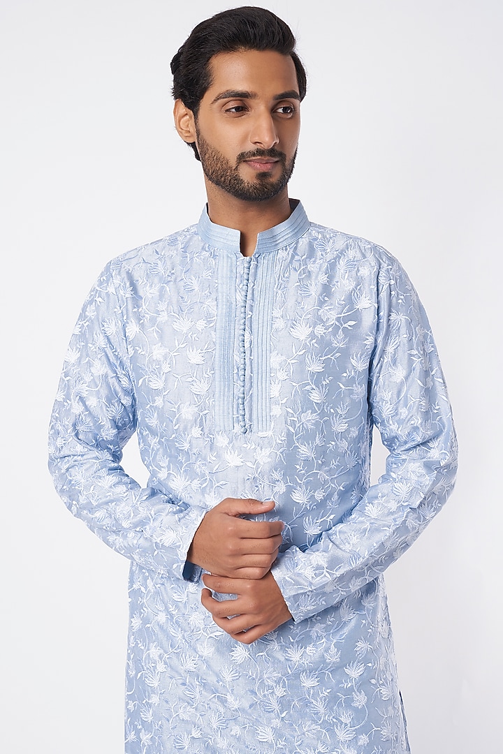 Sky Blue Embroidered Kurta Set by Adah Men at Pernia's Pop Up Shop