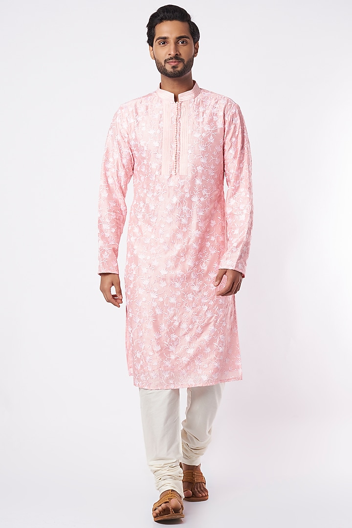 Pastel Pink Embroidered Kurta Set by Adah Men at Pernia's Pop Up Shop