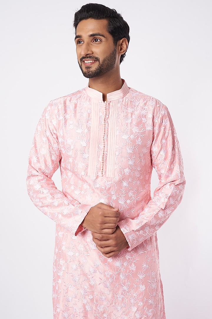 Pastel Pink Embroidered Kurta Set by Adah Men at Pernia's Pop Up Shop