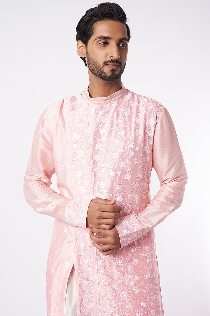 Pastel Pink Zari Embroidered Kurta Set by Adah Men at Pernia's Pop Up Shop