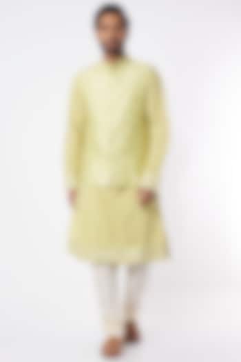 Lime Kurta Set With Embroidered Bundi Jacket by Adah Men