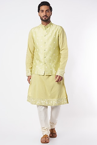 Lime Kurta Set With Embroidered Bundi Jacket by Adah Men