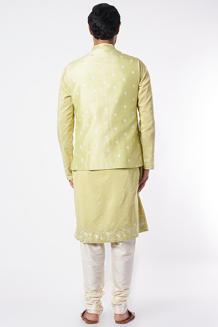 Lime Kurta Set With Embroidered Bundi Jacket by Adah Men at Pernia's Pop Up Shop