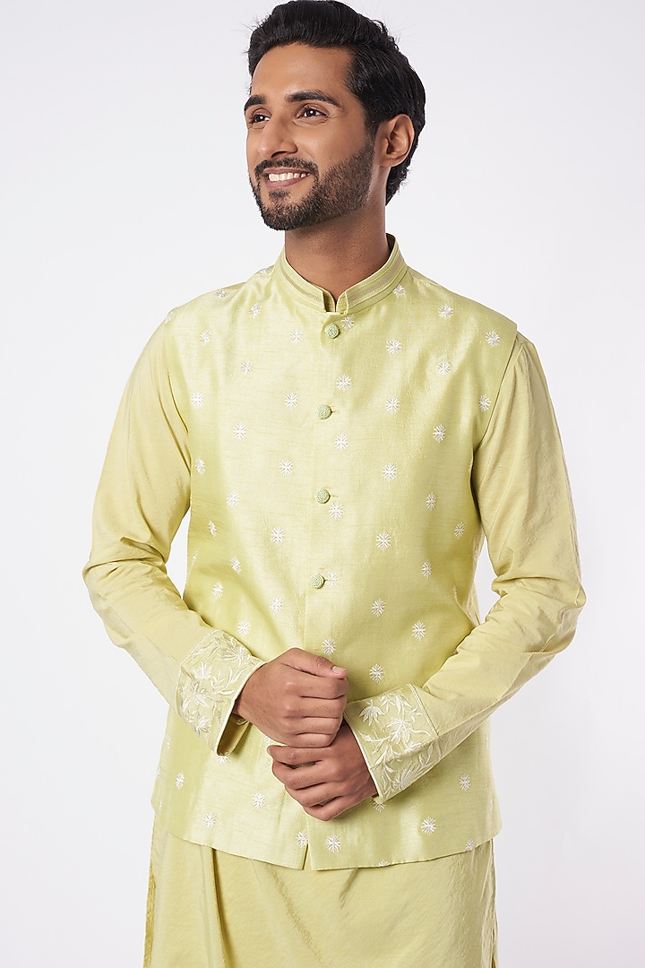 Lime Kurta Set With Embroidered Bundi Jacket by Adah Men at Pernia's Pop Up Shop