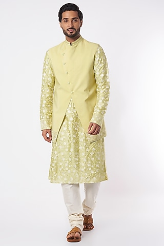 Lime Embroidered Kurta Set With Bundi Jacket by Adah Men