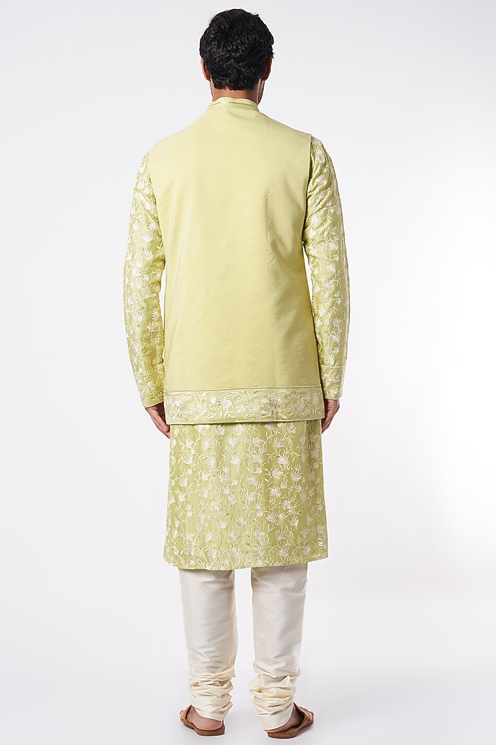 Lime Embroidered Kurta Set With Bundi Jacket by Adah Men at Pernia's Pop Up Shop