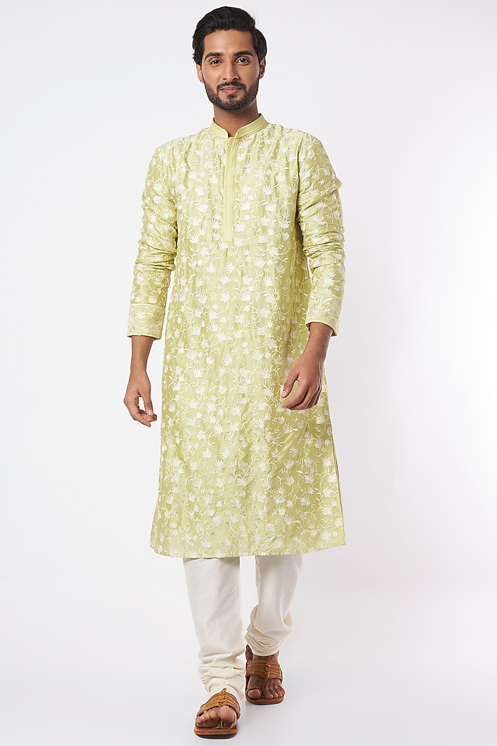 Lime Embroidered Kurta Set With Bundi Jacket by Adah Men at Pernia's Pop Up Shop