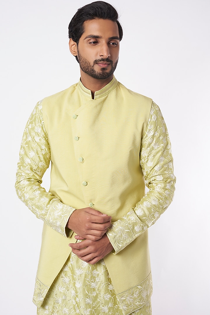 Lime Embroidered Kurta Set With Bundi Jacket by Adah Men at Pernia's Pop Up Shop