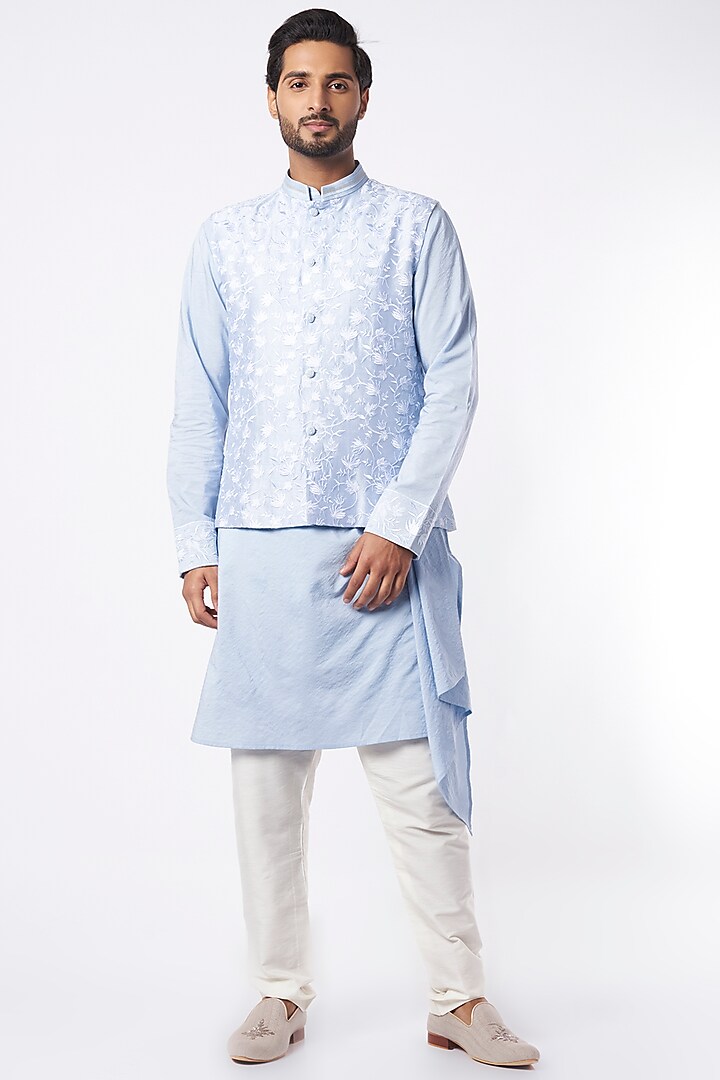 Sky Blue Kurta Set With Embroidered Bundi Jacket by Adah Men