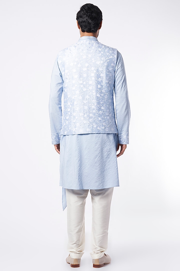 Sky Blue Kurta Set With Embroidered Bundi Jacket by Adah Men at Pernia's Pop Up Shop