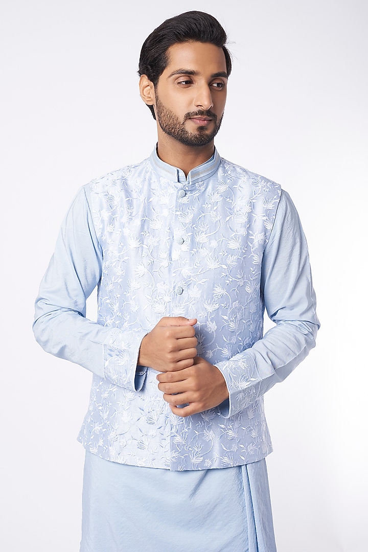 Sky Blue Kurta Set With Embroidered Bundi Jacket by Adah Men at Pernia's Pop Up Shop