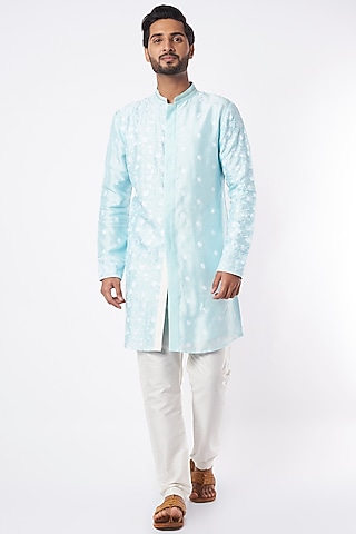 Mint Blue Embroidered Shirt Kurta Set by Adah Men
